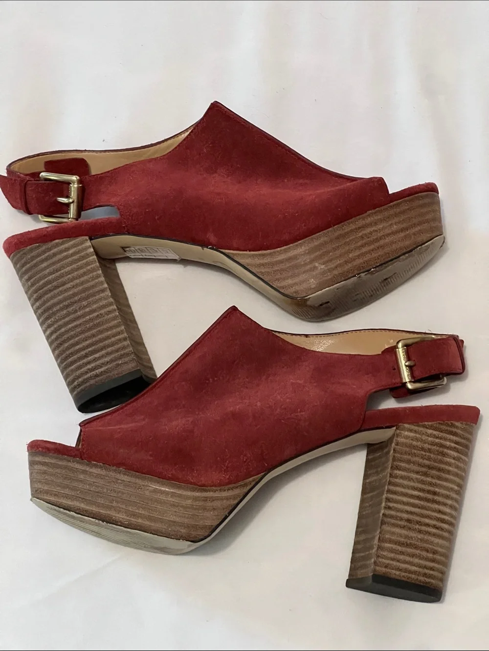 Michael Kors “Piper” Red Suede Peep Toe Platform Slingback Sandals